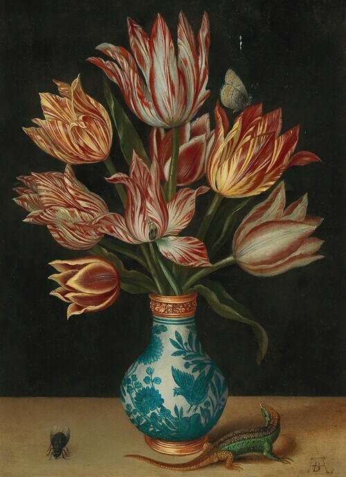 Circle of Ambrosius Bosschaert I, A still life with parrot tulips in a Wan-Li vase, a fly and a lizard